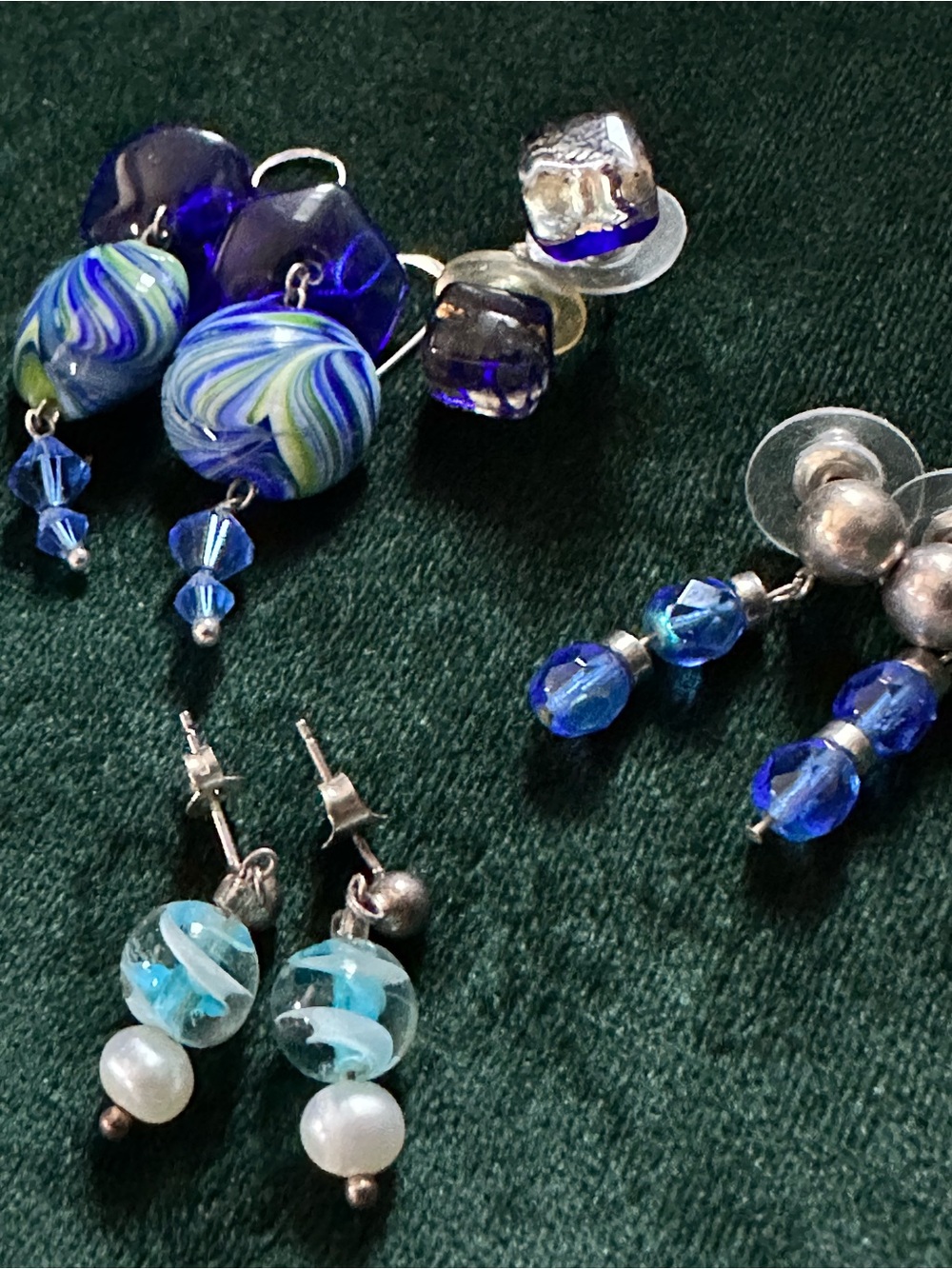 Handmade Blue Glass Bead Earrings (w/ sterling silver) - Set of Four - Picture 3 of 3